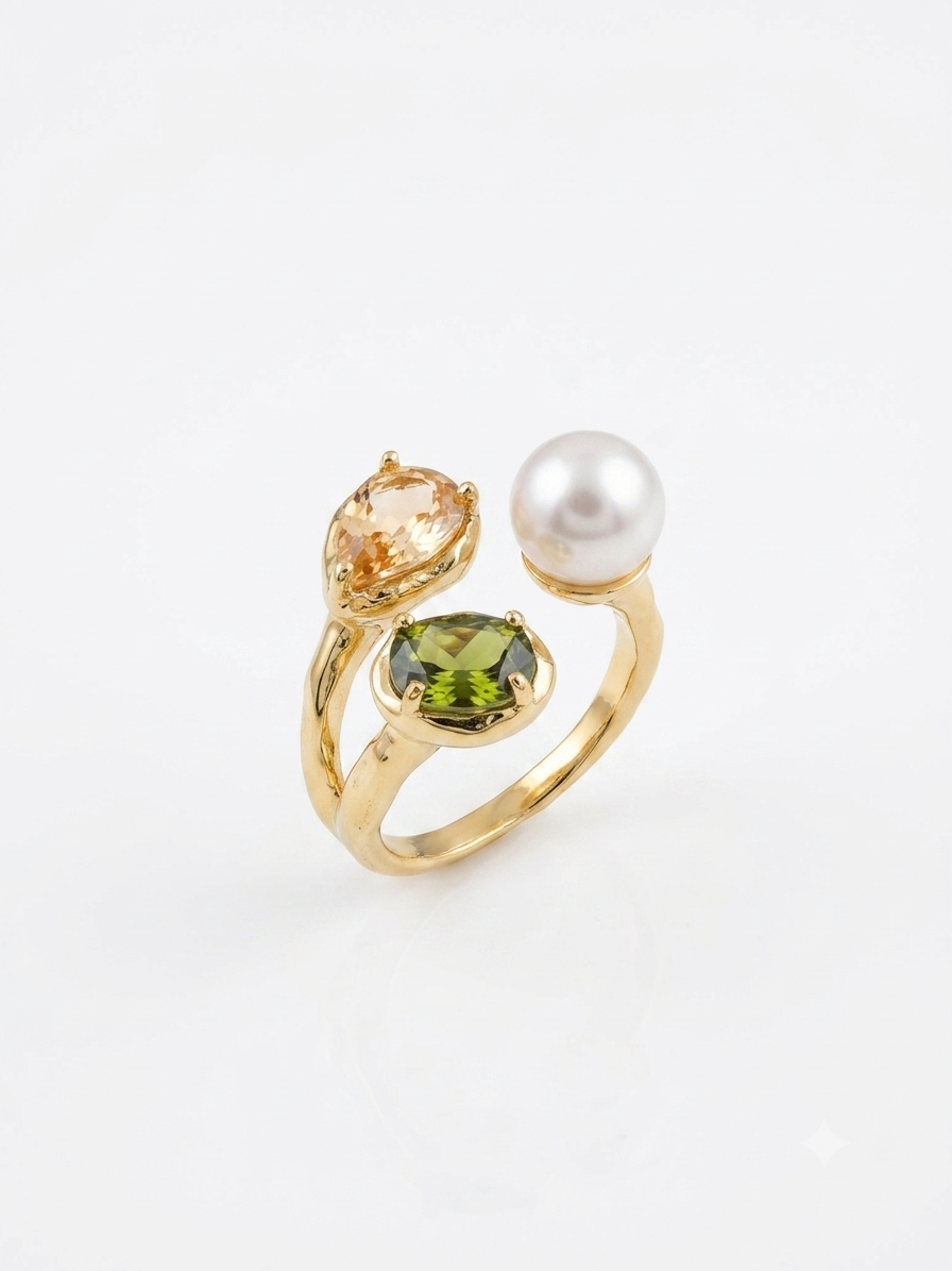 Multi-gemstone gold open ring with pearl, peridot, and champagne stones.