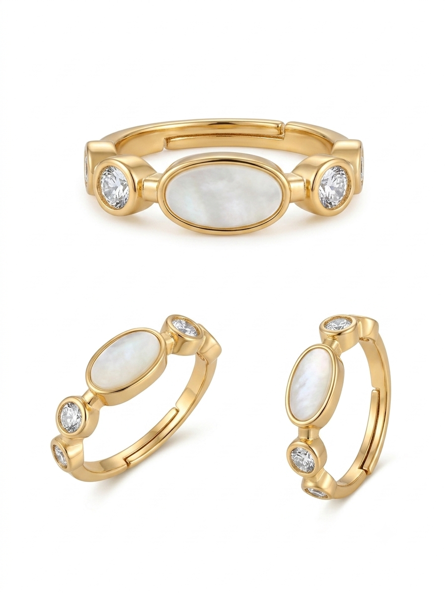 Gold adjustable band with oval white mother of pearl and crystal side stones from multiple angles.