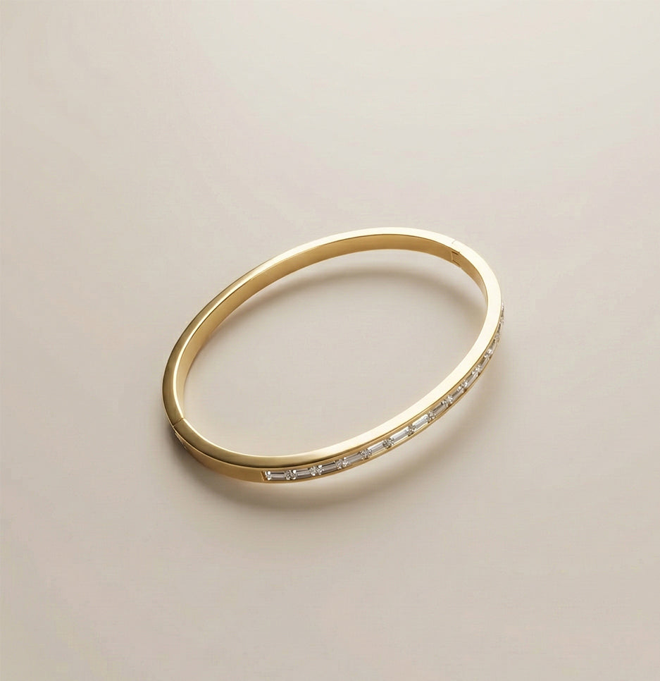 Minimal gold plated stainless steel bracelet with crystal detailing, anti tarnish artificial jewellery for women