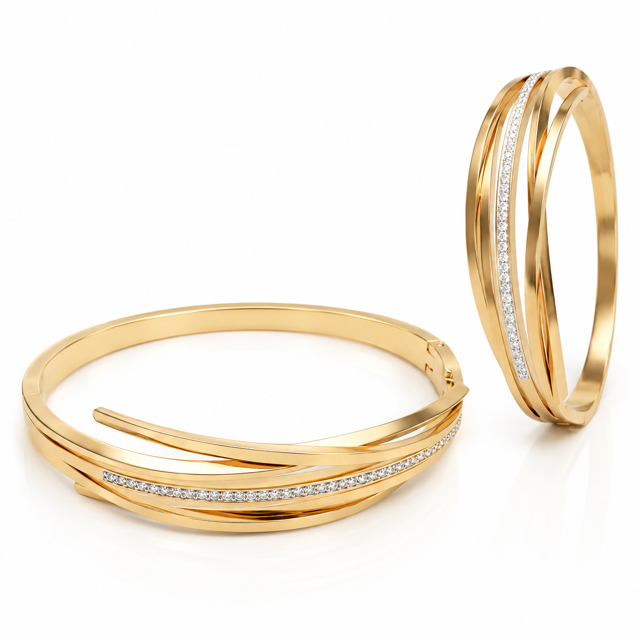 A gold bangle bracelet with a twisted wrap design and a channel-set row of clear stones, shown on a clean white background.